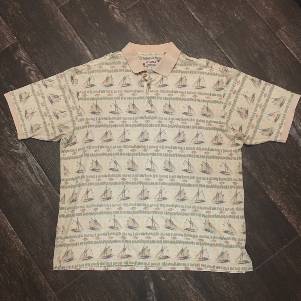Summa Sail Boat White Collared Shirt Sz XL